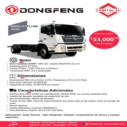 CAMION DONGFENG MODELO DFL1160 KD5K
